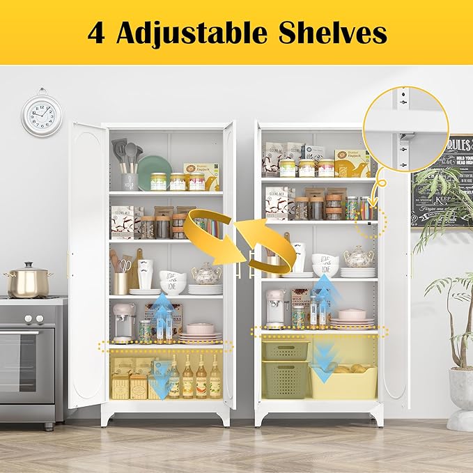 Kitchen Pantry Cabinet,75 Inch White Metal Storage Cabinet with Door and Adjustable, Tall Pantry Cabinets for Kitchen Storage,Cupboard for Living Room,Dining Room and Bathroom