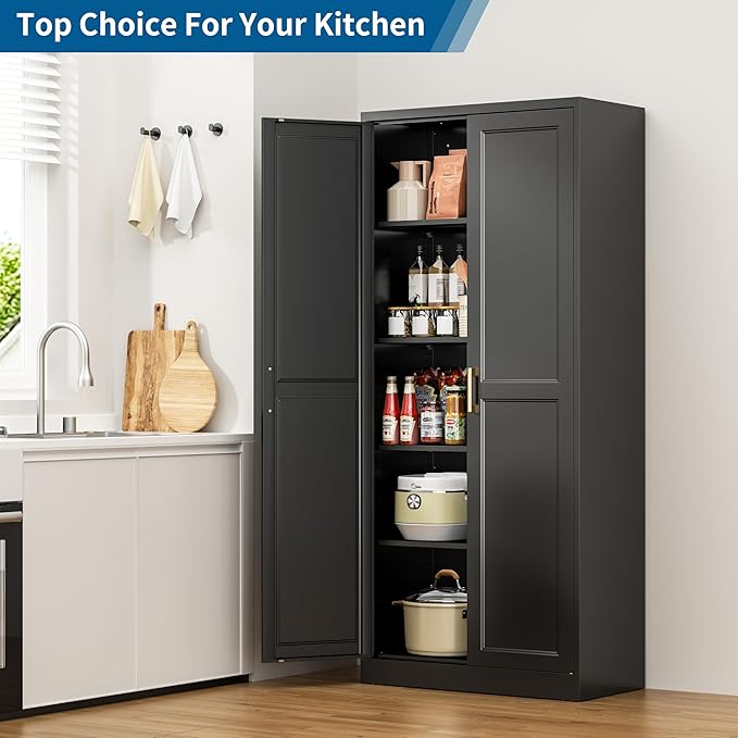 71" Kitchen Pantry Storage Cabinet,Black Tall Storage Cabinet With Doors and Shelves,Metal Food Pantry Cabinets for Kitchen Storage,Freestanding Cupboard for Dining Living Room,Assemble Required