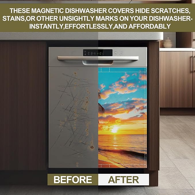 Tropical Palm Dishwasher Magnet Cover,Sunset Sea Beach Kitchen Decor Waterproof Refrigerator Magnet Appliance Cover Protector,23Wx26H Inches