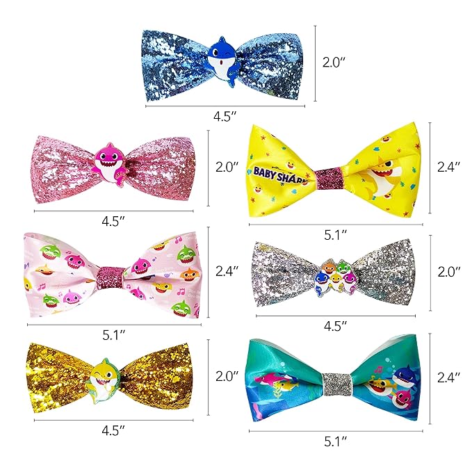 Baby Shark Kids Hair Bows - Hair Accessories Gift Set - 7 Pcs 4 Inch Bundle - Hair Bows for Girls - Different character on each clip - Alligator Clip - Ages 3 +