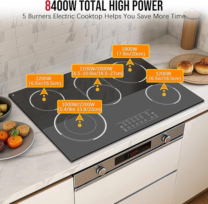 30 Inch Electric Cooktop 5 Burner, 8400W Built-in Electric Stove Top, 30" Ceramic Cooktop with Expanded Zone, Touch Control, Timer, Pause Control, Safety Lock, 220-240V, Hard Wire, No Plug