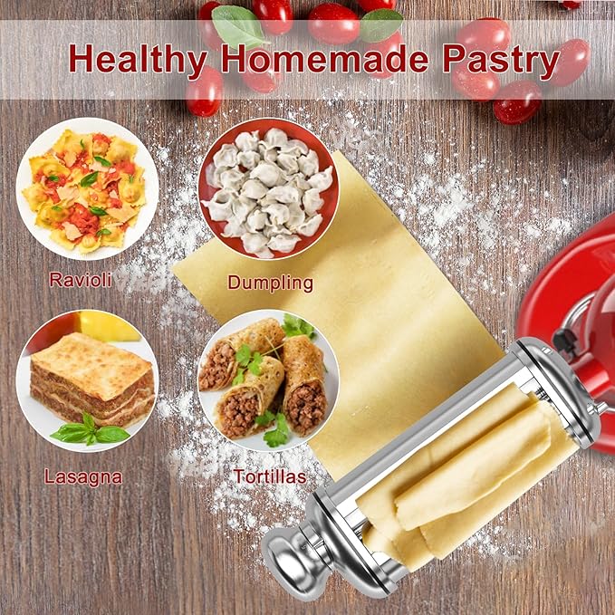 Pasta Roller for Kitchenaid Stand Mixer, Stainless Steel pasta roller attachment with 8 Adjustable Thickness Knob, Dough Pasta Roller pasta roller attachment for Raviolis Pasta