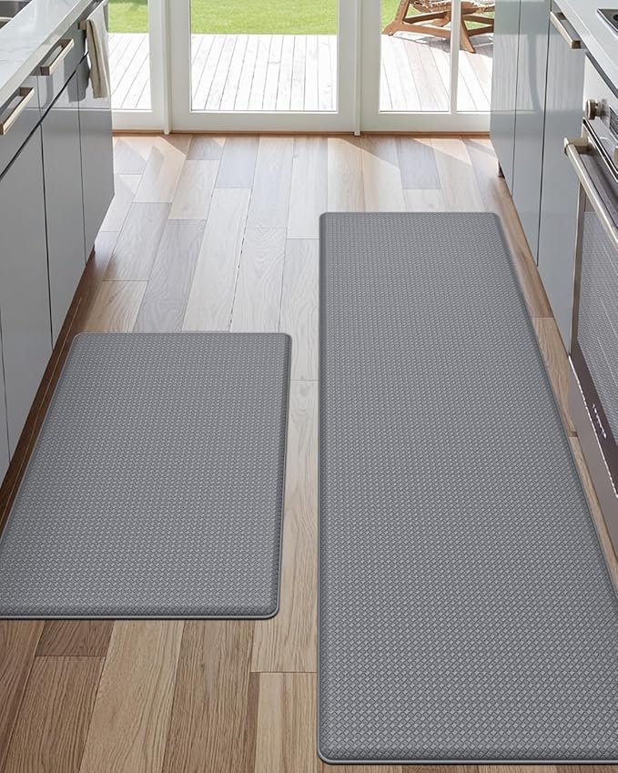 DEXI Kitchen Floor Mats Cushioned Anti Fatigue,17x29+17x59, Standing Runner Rug Waterproof, Comfort Memory Foam Padded for Front Sink Laundry Set of 2, Grey