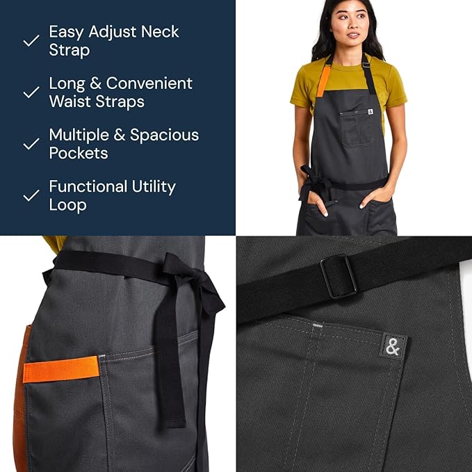 hedley & bennett Essential Apron - Adjustable Bib Chef Apron with 3 Pockets & Towel Loop - 65/35 Polycotton Twill - Top Chef