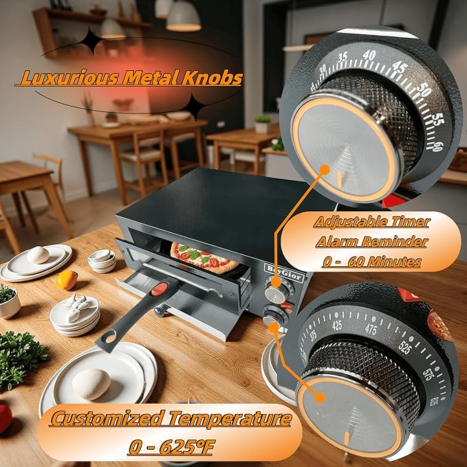 Electric Pizza Oven Indoor, Countertop Pizza Oven with Two 12 inch Baking Trays, Oven Mitts,Commercial Pizza Maker for Home, Stainless Steel Pizza Cooker with Visual Window, Removable Handle