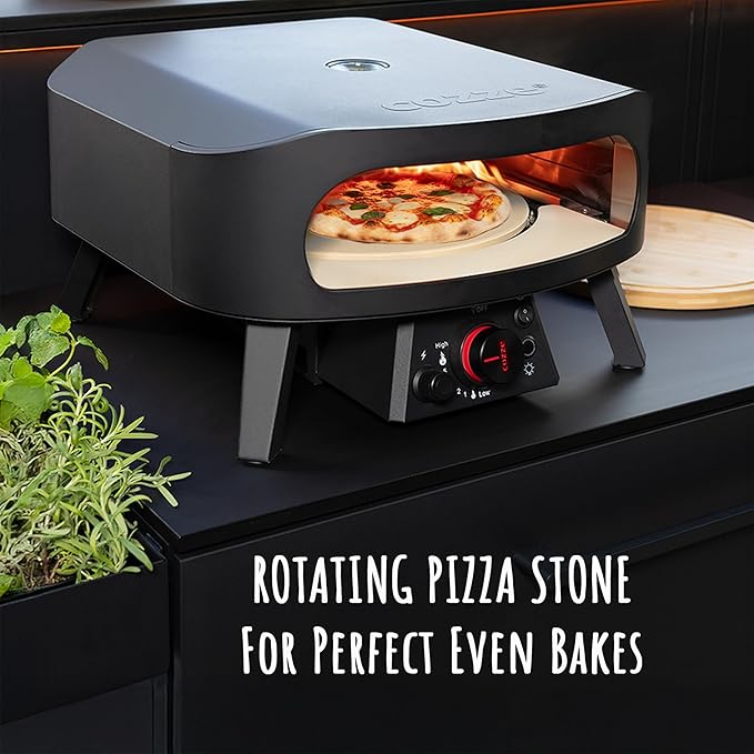 13" Gas Pizza Oven with Rotating Pizza Stone for Easy Restaurant-Style Pizza at Home – Triple Burner, Built-In Thermometer, Fast 15-Min Preheat, Portable Outdoor Pizza Oven