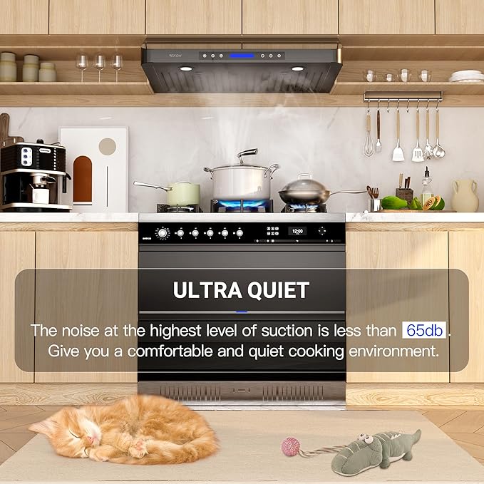 EKON 36 Black inches Under Cabinet Range Hood, 900 CFM Stainless Steel Kitchen Chimney Vent, 4 Speed Touch Screen Control With Remote 2Pcs 3W LED lights Dishwasher-safe Filters Fan Timer