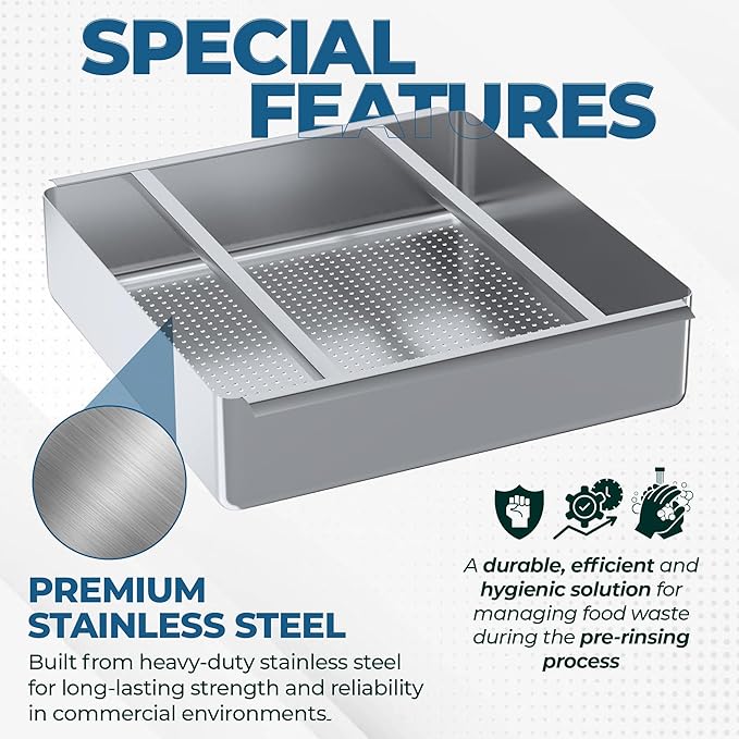 Pre-Rinse Basket with Stainless Steel Slides | Premium Quality Stainless Steel Scrap Basket for Commercial Sinks | 19 3/8" x 19 3/8" x 3.5"