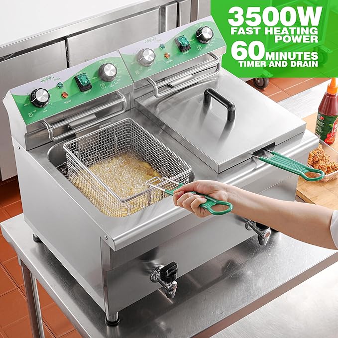 24L/25.4QT Commercial Deep Fryer with 2 Baskets and Lids, 110V Electric Fryer with Oil Filtration and Timer, Stainless Steel Large Double Tank Fryer Countertop Deep Fryer for Restaurant 3500W