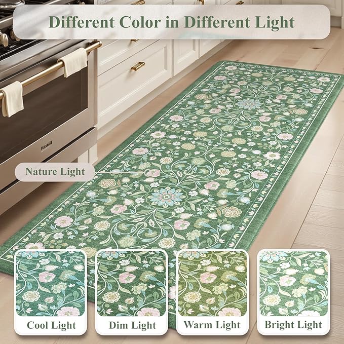 KIMODE Comfort Kitchen Floor Mats Cushioned Anti Fatigue,Farmhouse Spring Floral Kitchen Runner Rug Sets of 2 Non Slip,Long Memory Foam Standing Carpet for Laundry Sink Home,Green