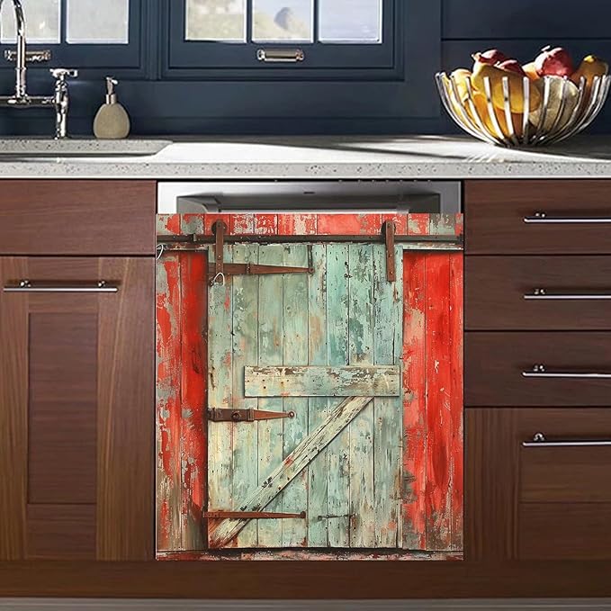 Paint Peeling Wood Door Dishwasher Magnets Decorative Cover, Vintage Barn Door Fridge Magnetic Panel Decal, Magnet Dishwasher Skin Cover Sticker 23" W x 26" H Magnetic