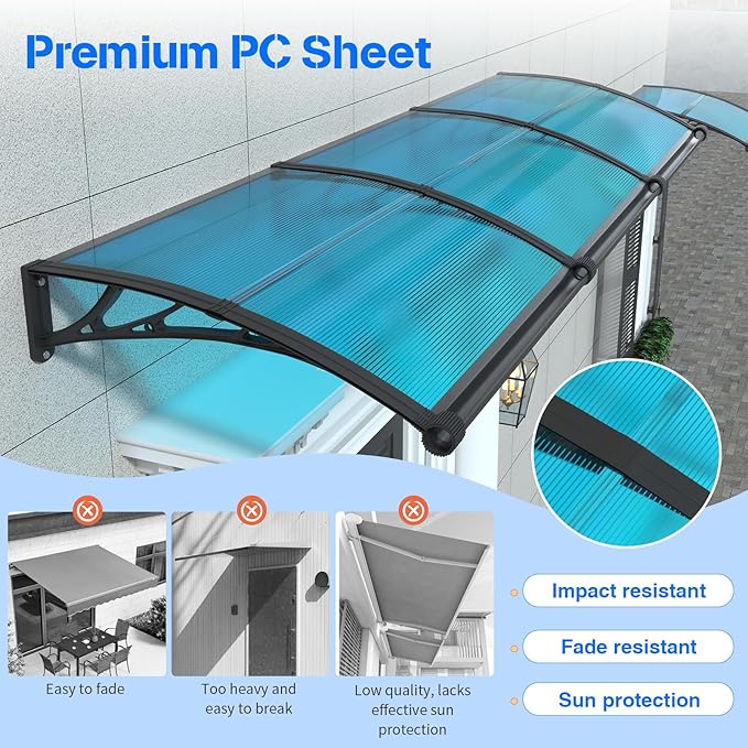 Awning for Door Entrance with Drainage Sink,32x60 Inch Awnings for Doors,Window Canopy Exterior with Plastic Steel Bracket,Polycarbonate Cover,UV,Rain,Snow Protection for House,Porch,Patio,Deck