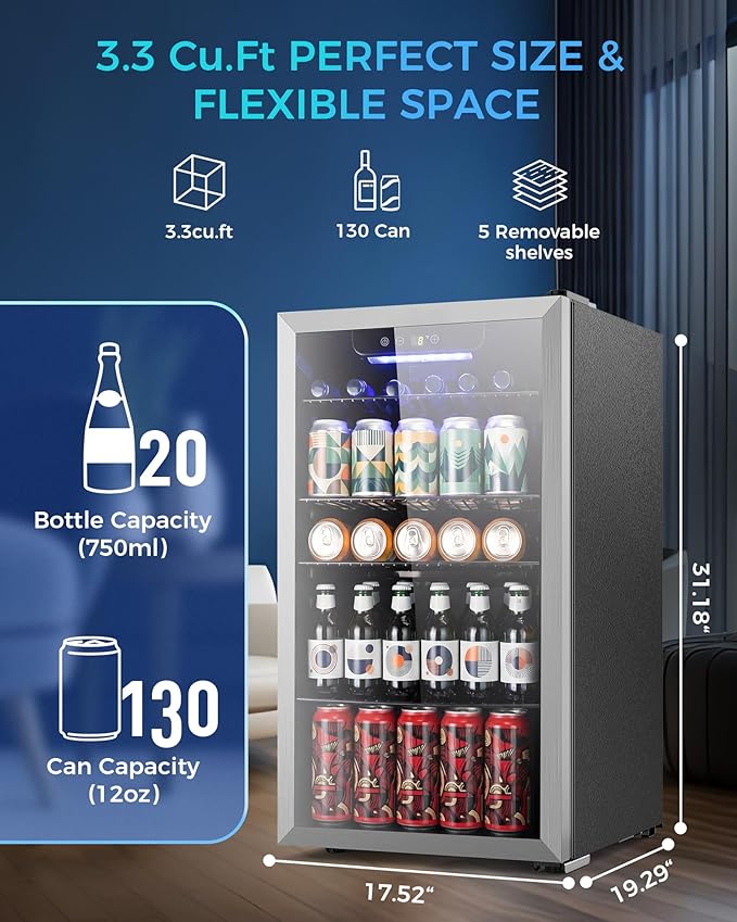Mini Fridge 130 Can Beverage Refrigerator Cooler, 3.1 Cu.Ft Drink Fridge Silver Glass Door for Soda Wine Beer, Digital Temperature Control Cooler for Home,Bar