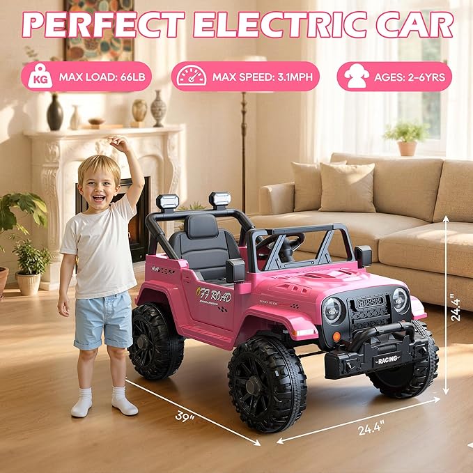 12V Ride On Truck Car with Remote Control, Kids Electric Vehicles with Bluetooth Music, Horn, 3 Speeds, 4 LED Lights, Soft Start, Ride on Toys for Toddler Boys & Girls (Pink)