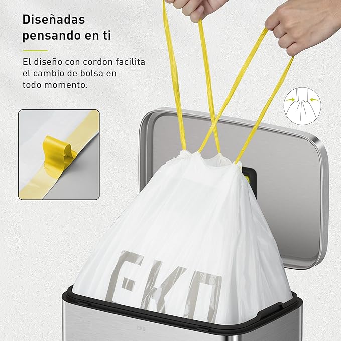 EKO 13 Gallon / 40-60 Liter, 60 Count Drawstring Trash Bags, Extra-Strong Unscented Garbage Bags, Easy-Dispense Roll for Kitchen & Household Use, Leak-Resistant, Code F, White