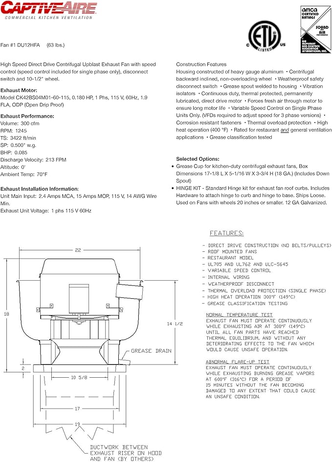 Restaurant Canopy Hood Grease Rated Exhaust Fan- High Speed Direct Drive Centrifugal Upblast Exhaust Fan with speed control- 19" Fan Base, 0.180 HP 115 Volt Single Phase Motor, 100-500 CFM (DU12HFA)
