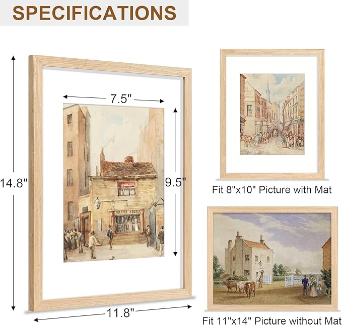 Vittanly 11x14 Picture Frame, Solid Wood Frame with Plexiglass, Includes 8x10 Mat, Wall Hanging for Home Decor, Natural, 1 Pack