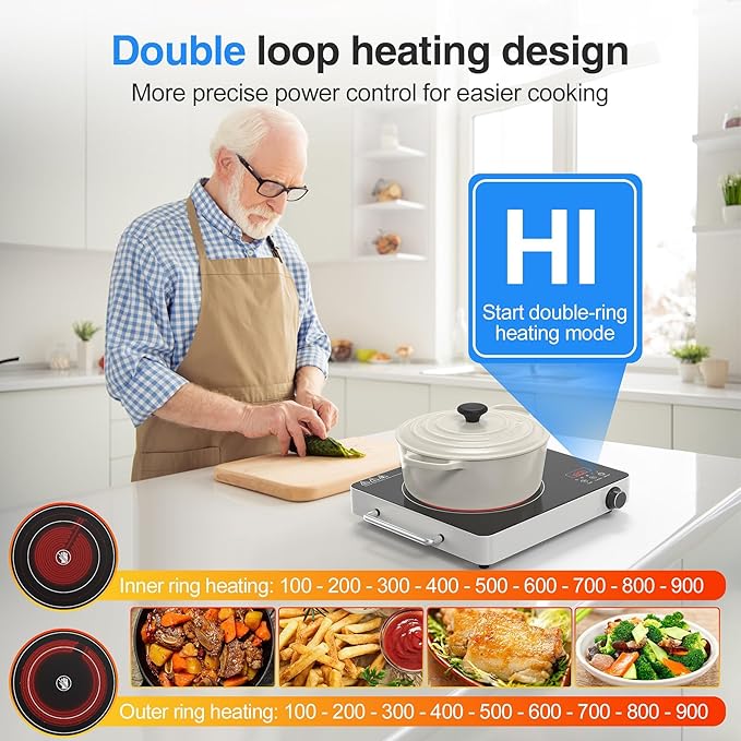 VBGK Electric Cooktop, 110V Touch and Knob Electric Stove Top, 1800W Single Burner With Handle, 9 Power Levels, Kids Safety Lock & 4H Timer, Portable, Black