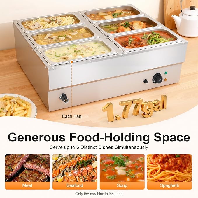 6-Pan Commercial Food Warmer 6.7L/1.77Gal Countertop Electric Steam Table 1500W Electric Food Warmer 86-230℉ Temp Control for Catering and Restaurant 26.97 x 21.26 x 11.22in