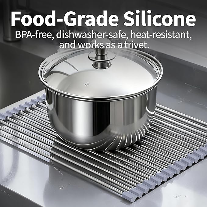 Roll Up Dish Drying Rack for Over Sink -17.5"x11.8" Foldable Stainless Steel Kitchen Drainer，Gray