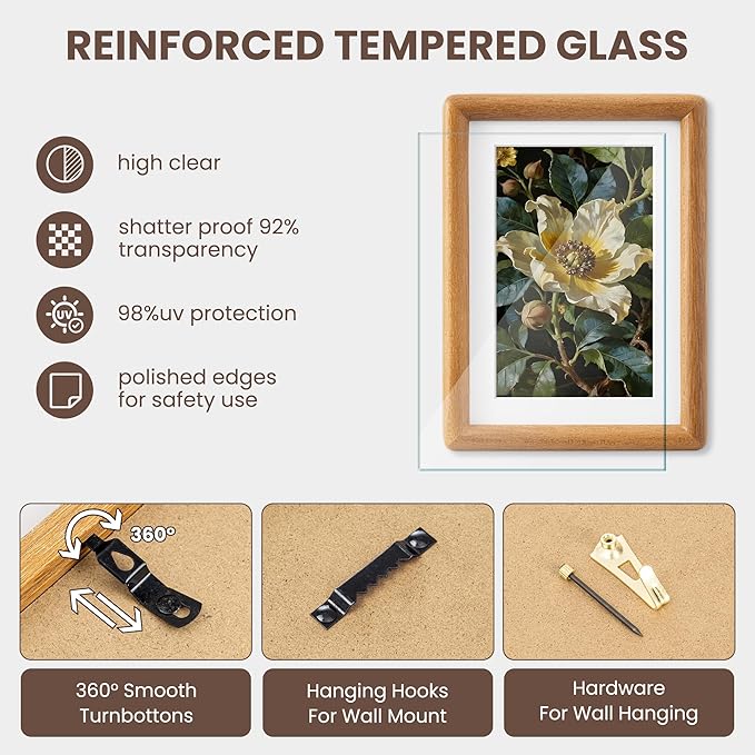 Axeman 11x14 Picture Frame - Solid Teak Wood 11x14 Frame With Mat for 8x10 - Rounded Corner 11 x 14 Picture Frame with Tempered Glass for Wall Display
