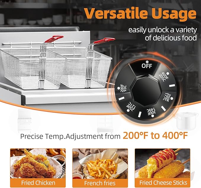 Commercial Gas Floor Fryer with 2 Baskets, 90000 BTU Propane Gas Fryer - Only Commercial Use, Precision Temp Control, Stainless Steel Deep Fryer for Restaurants, Fast Food, Food Trucks