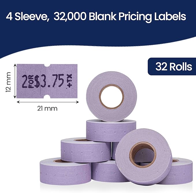Perco 1 Line Lavender Labels - 32 Rolls, 4 Sleeves, 32,000 Blank Price and Date Gun Labels for Perco Lite, X, Plus and Pro 1 Line Price and Date Guns - Made in USA