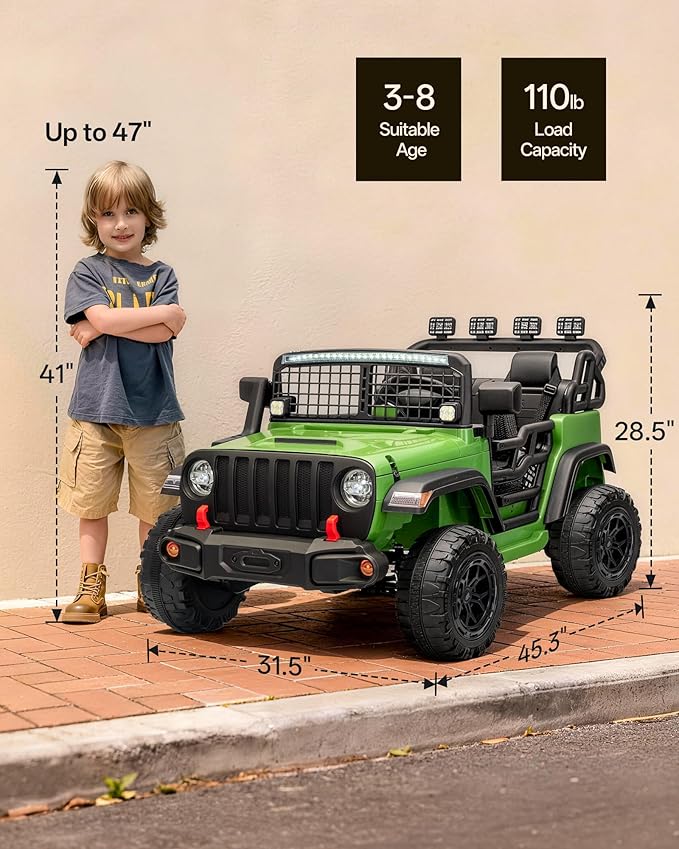 2 Seater Ride on Car Toy, 24V 4WD Electric Car for Kids 4-8 with Remote Control, 4x200W Motors, Capacity 110 lb - Army Green