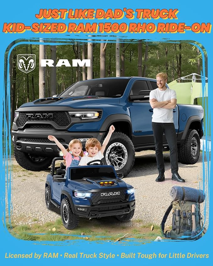 ENYOPRO 24 Volt Ride on Toys for Boys, Licensed RAM 1500 RHO 2 Seater Electric Car w/Remote Control, Kids Electric Vehicles w/Working Truck Tailgate, Spring Suspension, Bluetooth, LED Lights (Blue)