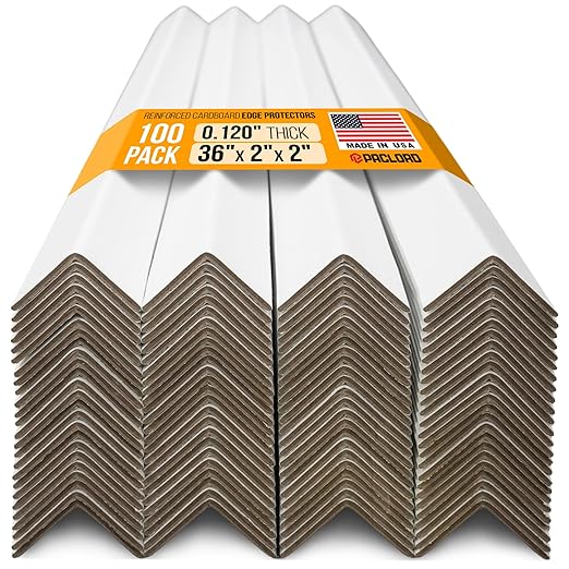 36" x 2" x 2" Reinforced Cardboard Edge Protectors, White (Pack of 100) – 0.12" Thick Medium-Duty Cardboard Corner Protectors for Shipping – American Quality V-Board Pallet Edge Guard