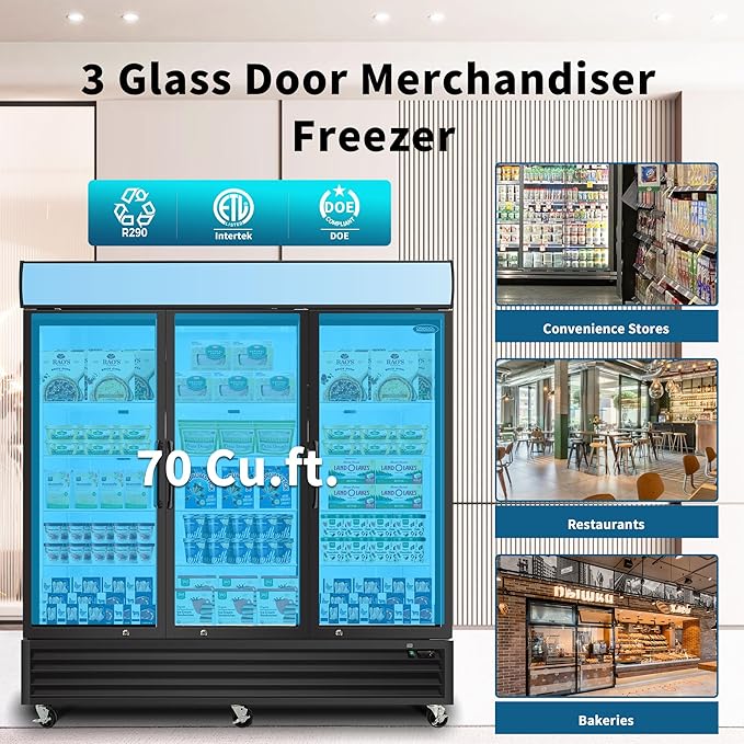 81" Commercial Upright Freezer with 3 Glass Door, 70 Cu.Ft Display Freezer Upright, -8~-1℉, Reach-in Fan Cooling Freezer with 8 Shelves & LED Top Panel for Restaurant Diner Bar, ETL Approved
