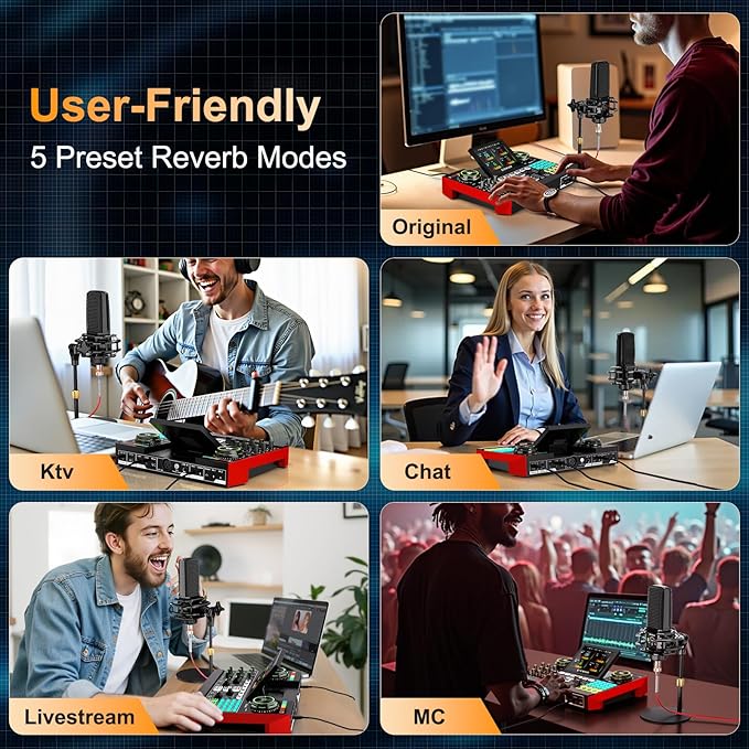 Live Sound Card Audio Mixer, Podcast Equipment Bundle with 3.5mm Condenser Microphone for Pc/Phone Live Streaming Singing Gaming, Sound Board with Voice Changer, Denoise