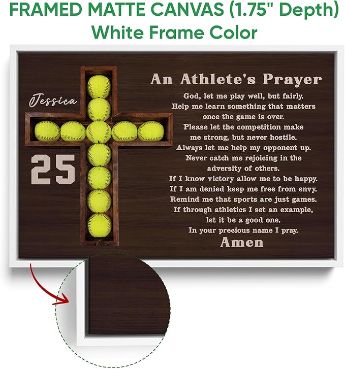 Personalized Softball Poster & Framed Canvas, An Athlete'S Prayer Home Office Decor, Custom Name Number Bedroom Living Room Aesthetic Wall Art Gift For Mom, Daughter, Wife, Girlfriend