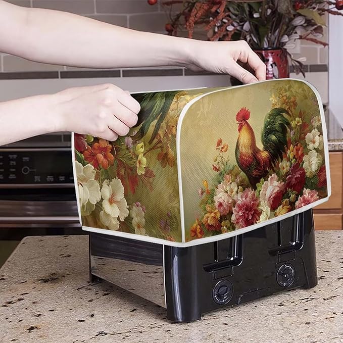UNICEU Rooster Floral Print Toaster Cover 2 Slice Small Kitchen Appliance Covers Bread Machine Protection with Top Hook