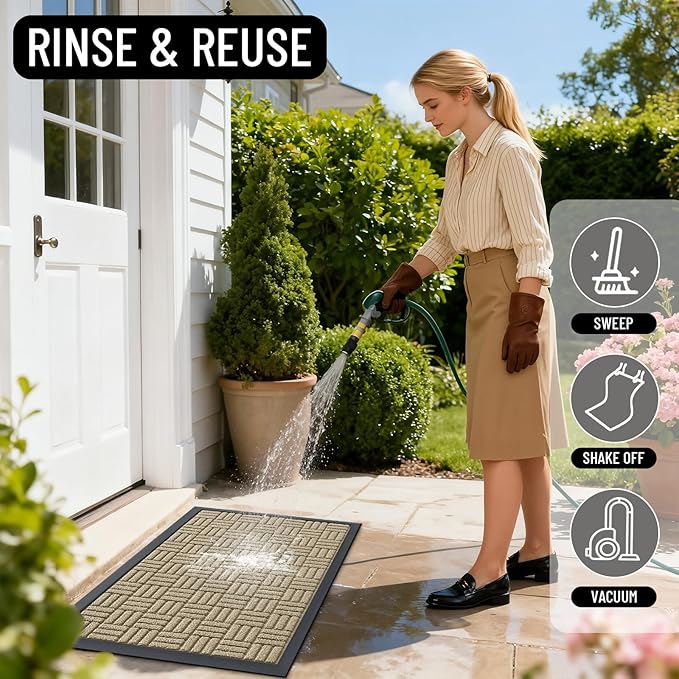 OLANLY Front Door Mat Outside Entrance 47x23, Absorbent, Heavy Duty Sturdy Natural Rubber Doormat Indoor Outdoor, Stain and Fade Resistant, Non-Slip Backing Low Profile Floor Mat for Entryway, Beige