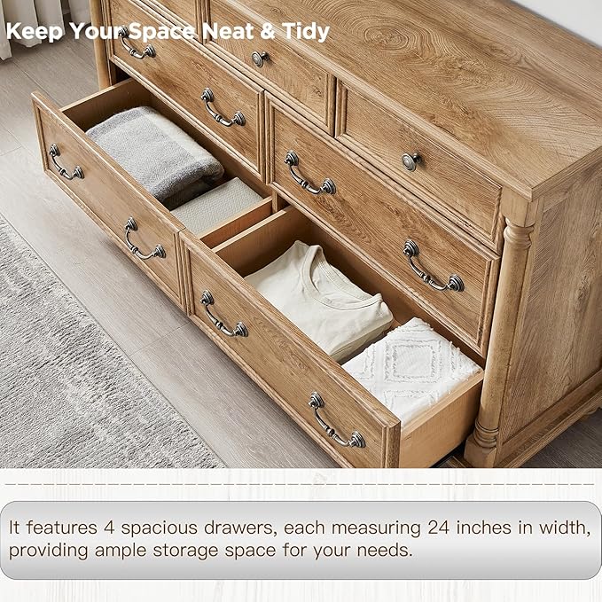 T4TREAM Farmhouse 7 Drawers Dresser Chests for Bedroom with 4 Solid Wood Feet, Tall Wide Wood Country Rustic Chest of Drawers, Storage Dressers for Bedroom, Living Room, Light Tree Knot