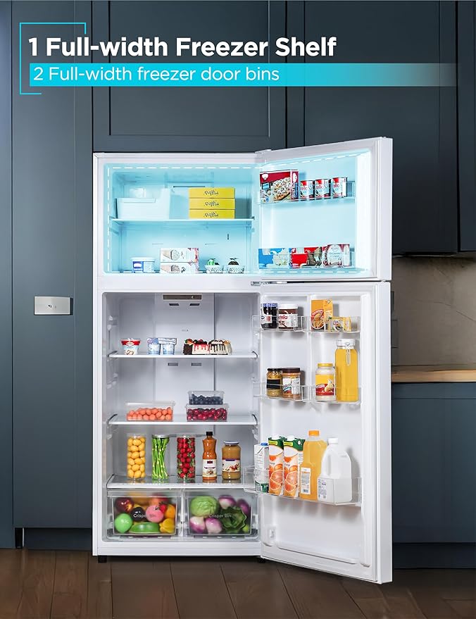 BLACK+DECKER 18.1 Cu. Ft. Top Mount Refrigerator with Ice Maker, 2-Door Refrigerator with Top Freezer, Freezer with Icemaker and Adjustable Temperature Control, ENERGY STAR, BR1810HIMW, White