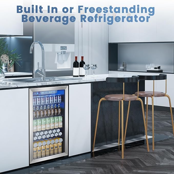 Mini Fridge 130 Can Beverage Refrigerator Cooler, 3.1 Cu.Ft Drink Fridge Silver Glass Door for Soda Wine Beer, Digital Temperature Control Cooler for Home,Bar