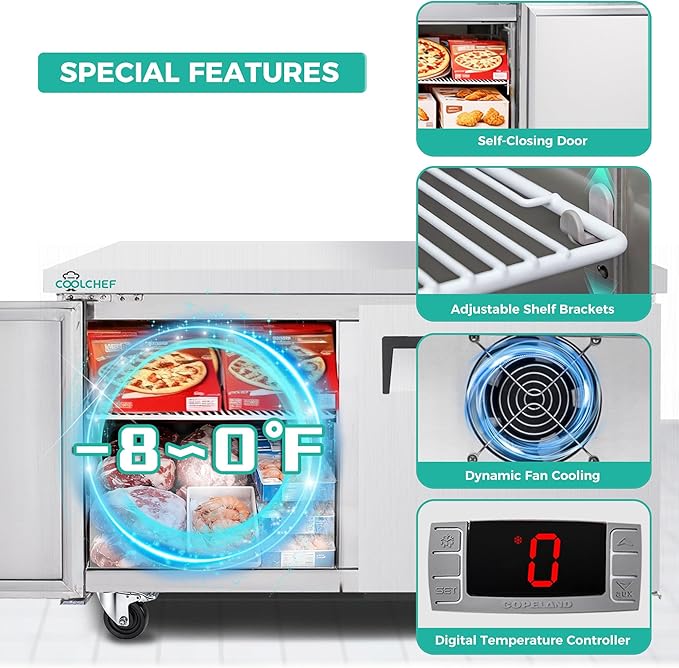 60" Commercial Double Door Worktop Freezer, 17 Cu.ft Stainless Steel Undercounter Freezer, -8–0°F, R290