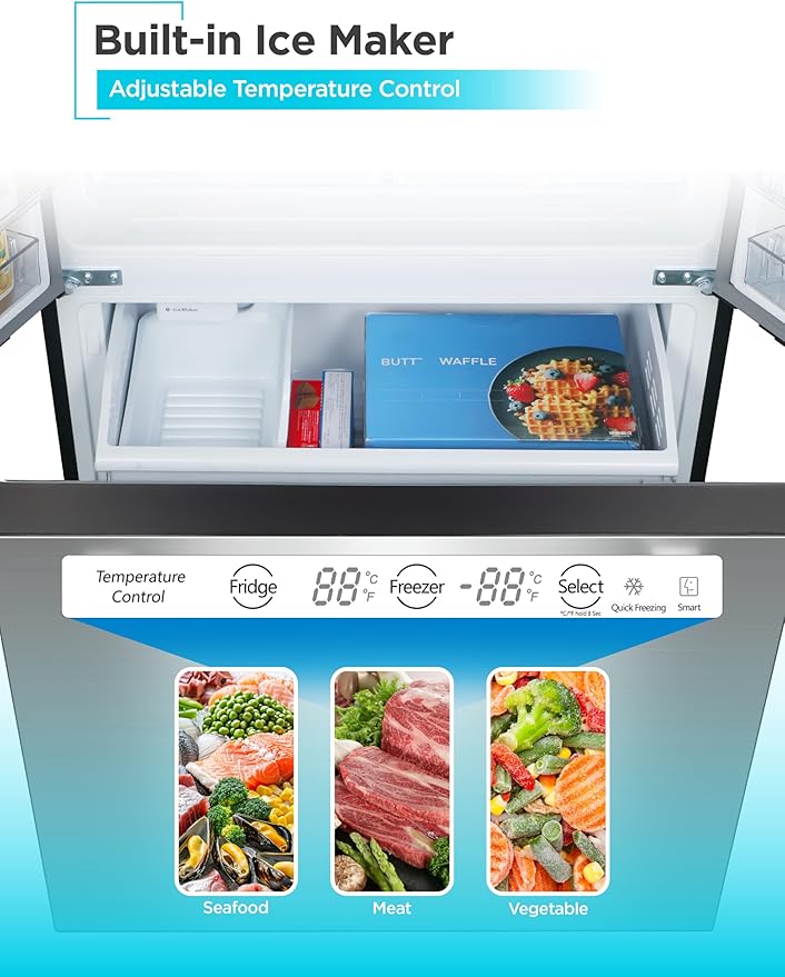 BLACK+DECKER 18 Cu. Ft. French Door Refrigerator with Built-in Ice Maker, Full Size Refrigerator with Bottom Mount Freezer Drawer, Frost Free, ENERGY STAR certified, BRF1800GIMS, Stainless Look