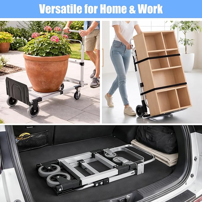 3 in 1 Folding Hand Truck Dolly Cart, Heavy-Duty Foldable and Convertible Design, Lightweight Portable Utility Cart with Rubber Wheels and Telescoping Handle for Moving, 500 lbs Capacity (Black)