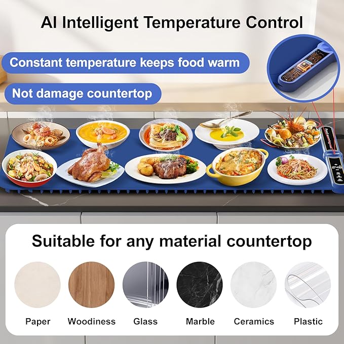Electric Silicone Food Warmers for Parties Buffet XXL 40”X15” Extra Extra Large Food Warming Mat Keep Food Warm Last 18H Even Heating 104F to 248F with Child Lock Easy Clean
