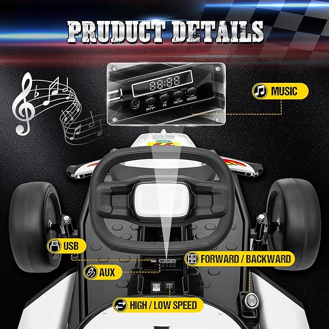 24V Electric Go Kart for Kids, Drift Kart with 400W Motors, EVA Tires, Max Speed 8.1 MPH, Music, Wireless, Electric Drifting Cart Outdoor Ride on Toy for Kids Ages 6+ (White)