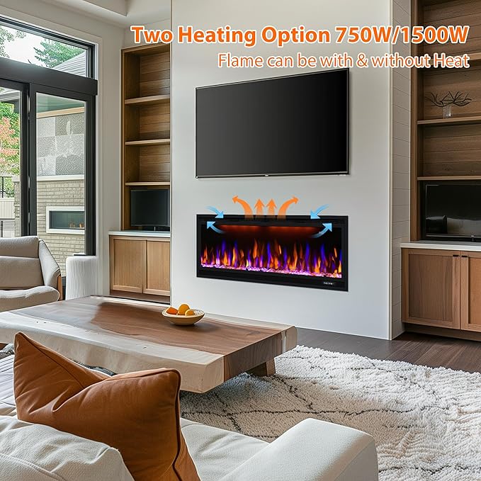 100 inch Smart Electric Fireplace, Wall Mounted Fireplace Insert for Living Room, Realistic Flame Fire w/Multicolor, Large Linear Fireplace Recessed in Wall, Black (100")