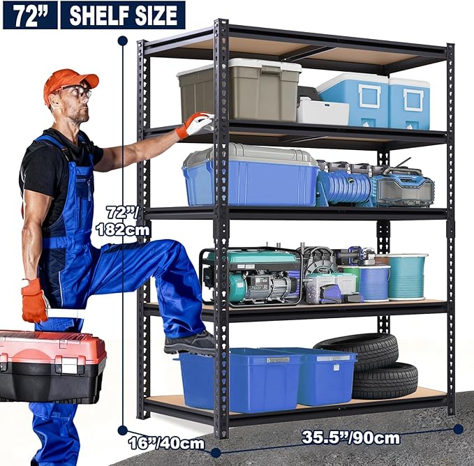 Garage Shelving Unit,Black Storage Shelf,5 Tier Storage Racks and Shelving, Shelves Units Free Standing, Heavy Duty Metal Adjustable Shelves for Kitchen/Tool/Office (2, 16"D x 35.5"W x 72"H)