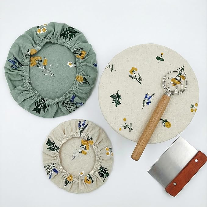 Reusable Bowl Covers (Set of 4) - Breathable Cotton Linen Sourdough Accessories - Elastic Durable Fabric Food Lids for Proofing Baskets & Bread Baking Supplies (Natural Beige)