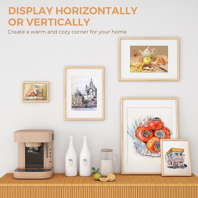 Axeman 11x14 Oak Frame - Rounded Corner 11 x 14 Picture Frame Matted to 8x10 - Natural Oak Wood 14x11 Frame with Tempered Glass for Wall Mount Display