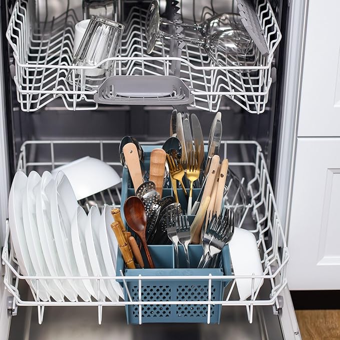 Maxdot 16inch Dishwasher Silverware Cutlery Basket 8 Compartments Washing Basket with Handle Utensil Holder Silverware Drying Rack for Kitchen Commercial (Blue)