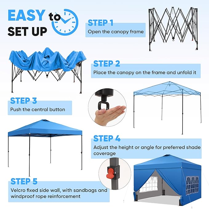Saemoza 10x10 Pop Up Canopy Tent with One Push Setup, Portable Sun Shade Tent, Instant Easy Up Canopy with 4-Sidewalls & Handbag, Outdoor Fldable Gazebo with Vent Top, Blue.