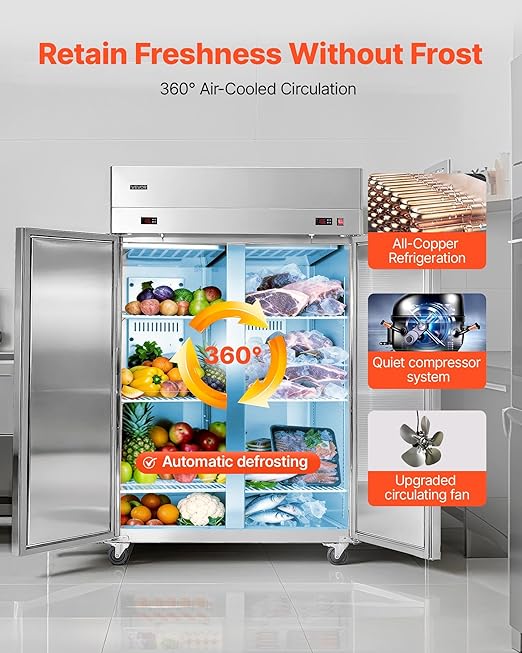 VEVOR Commercial Refrigerator and Freezer Combo 48" W, 32 Cu.Ft Stainless Steel Upright Refrigerator/Freezer with Double Doors, Auto-Defrost, 6 Adjustable Shelves, UL Certified